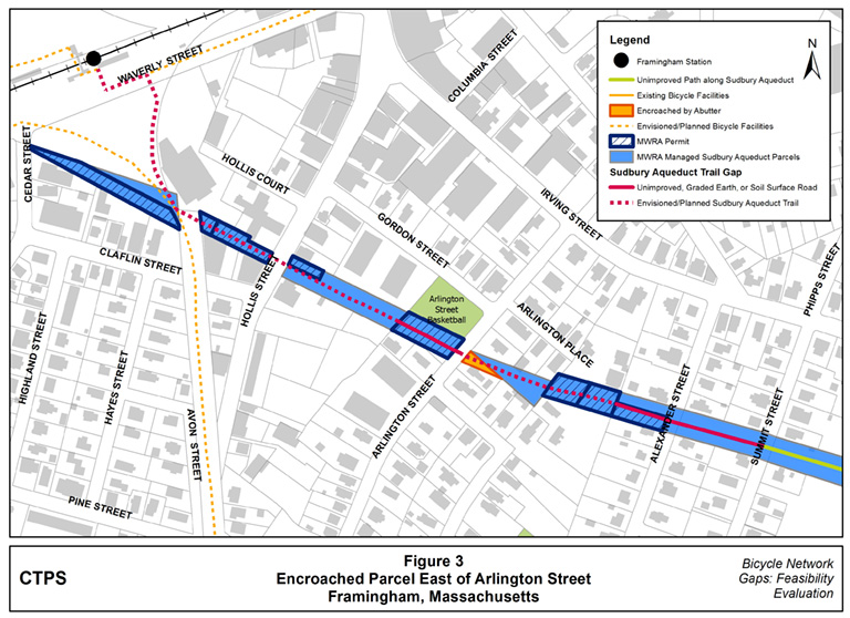Figure 3 – Map illustrating the location of the parcel where the Sudbury Aqueduct abutter’s driveway is encroaching on the aqueduct ROW without an MWRA permit. Figure 3 – Map illustrating the location of the parcel where the Sudbury Aqueduct abutter’s driveway is encroaching on the aqueduct ROW without an MWRA permit.